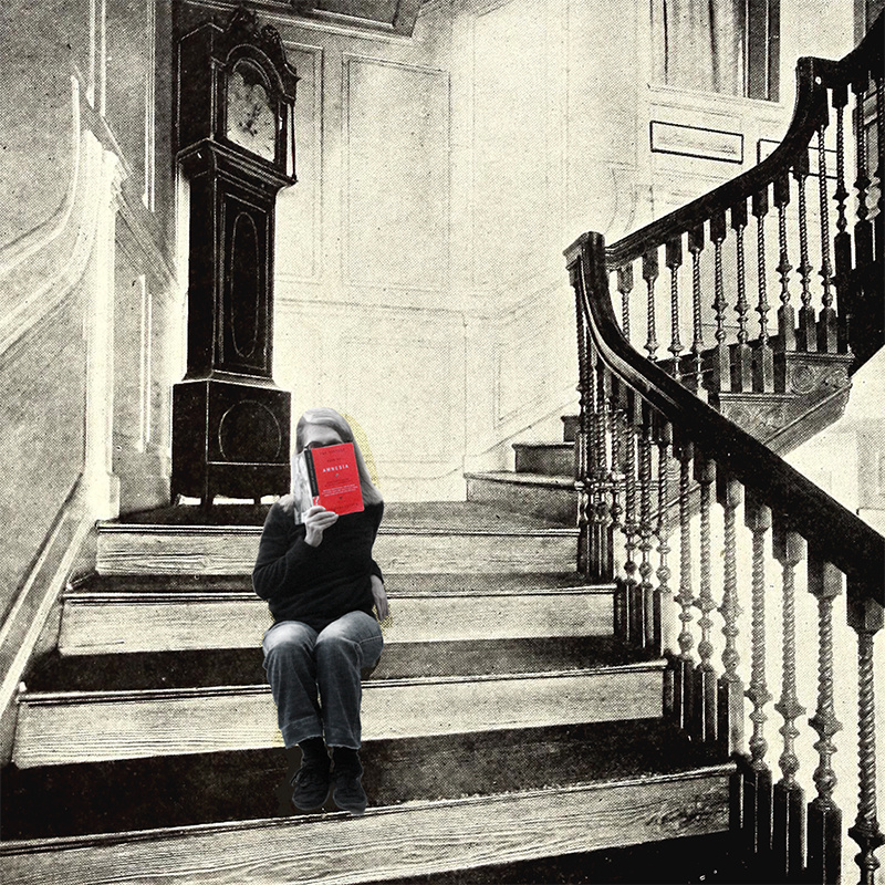 Anne Howell writing reading the Vintage Book of Amnesia on a series of steps